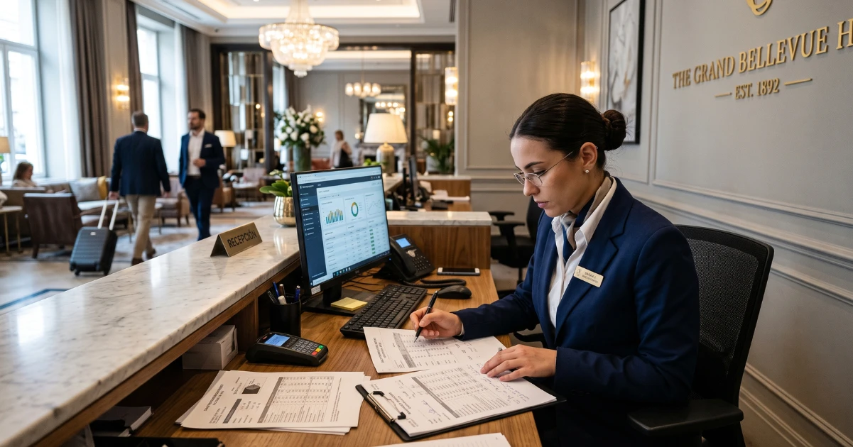 Recepcionista de hotel analisando relatório de ocupação no computador atrás do balcão de atendimento