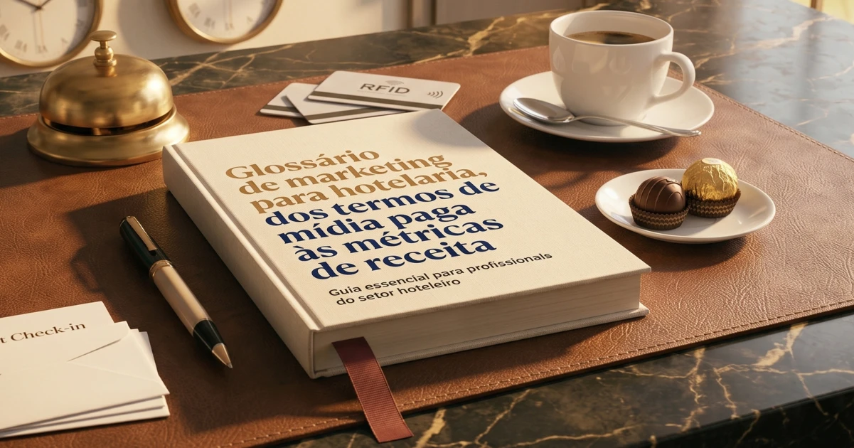 Equipe de hotel reunida diante de um computador analisando gráficos de campanha e reservas