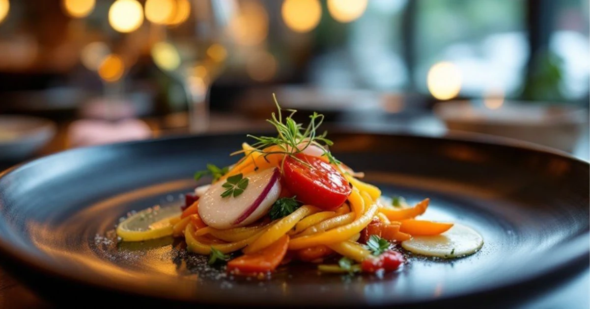Mesa de restaurante de hotel elegantemente posta com taças e pratos em ambiente aconchegante