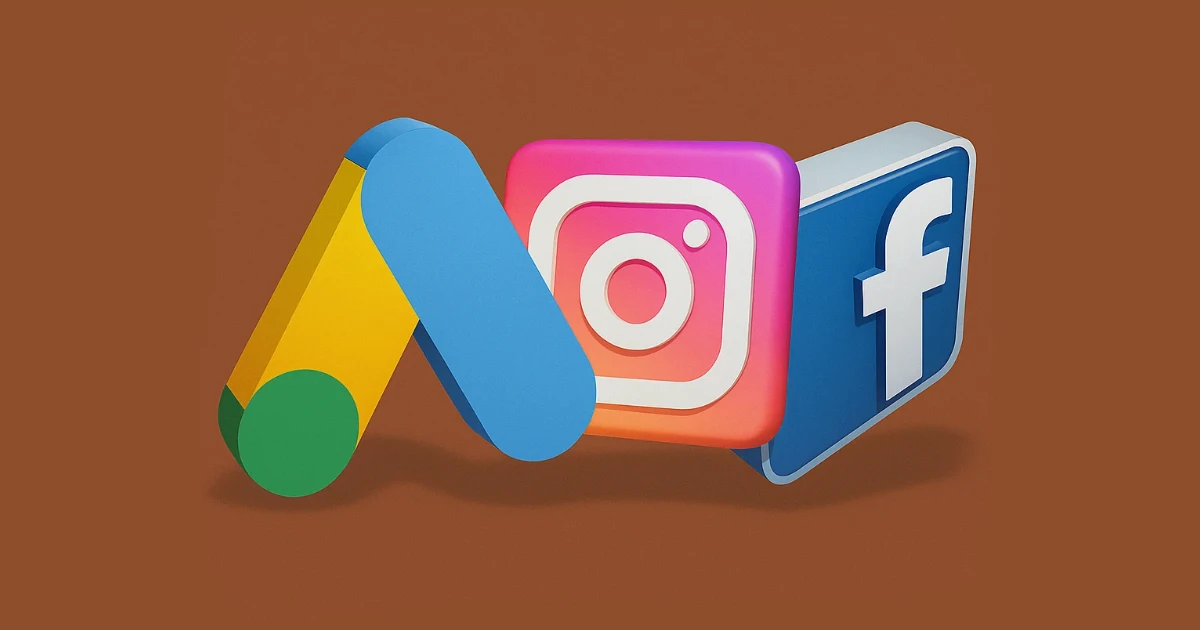 Ilustração estilizada em 3D dos logotipos do Google Ads, Instagram e Facebook dispostos lado a lado sobre um fundo marrom.