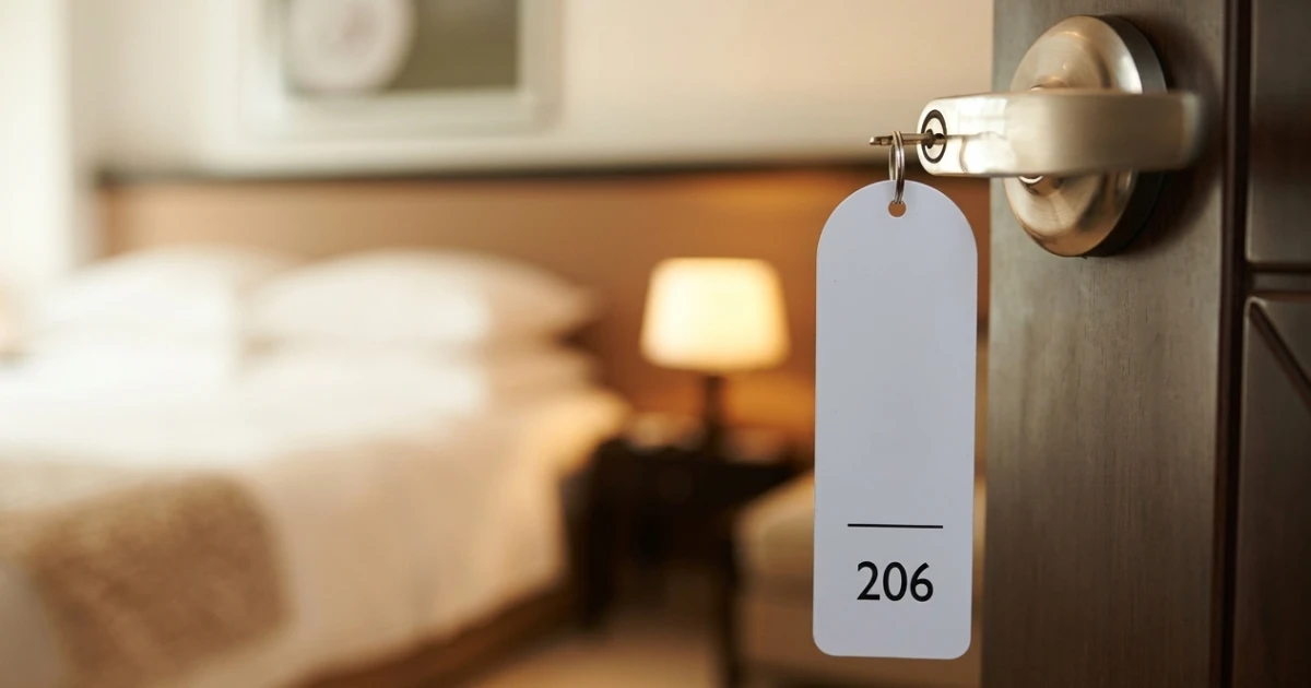 Porta de madeira entreaberta com uma chave na fechadura. O chaveiro branco exibe o número 206. Ao fundo, o interior do quarto de hotel aparece desfocado e bem iluminado com um abajur.