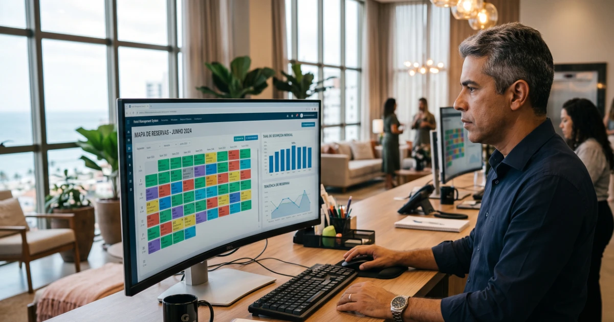 Gestor hoteleiro analisando o mapa de reservas em um monitor moderno com gráficos de ocupação.