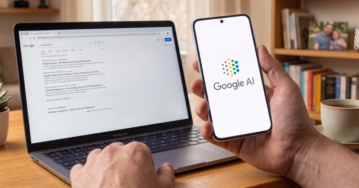 Viajante usando o celular para pesquisar hospedagem com assistente de inteligência artificial