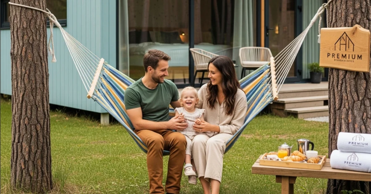 Captura de tela de artigo sobre vendas na hotelaria, mostrando um casal e uma criança sorrindo em uma rede de descanso no jardim de um chalé moderno.